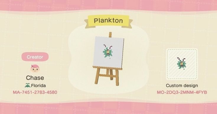 an animal crossing game screen with the name plankton on it's back side