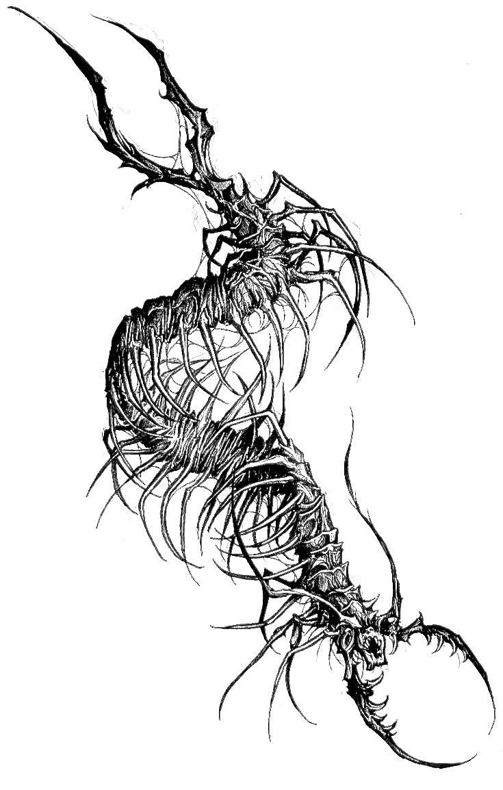 a black and white drawing of a dragon's tail with long, curled hair