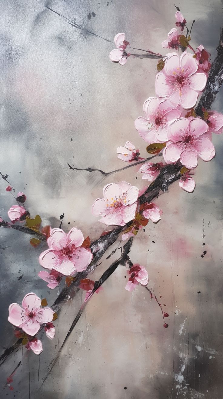 a painting of pink flowers on a tree branch in front of a gray sky with white clouds