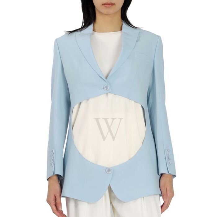 Burberry Ladies Outerwear. Fashion category: Coats & Jackets. SKU: 4564235. Color: Pale Blue. Burberry Ladies Pale Blue Wool Step-through Blazer. A slim silhouette in tailored wool, featuring a single-breasted closure, notch lapels, chest welt pocket, working cuffs, single vent and subverted with a circular cut-out. Outer: 100% wool. Made in Italy. Work Blazer, Knit Blazer, Long Sleeves Coats, Womens Blazers, Casual Blazer, Burberry Women, Blue Wool, Blazer Buttons, Linen Women