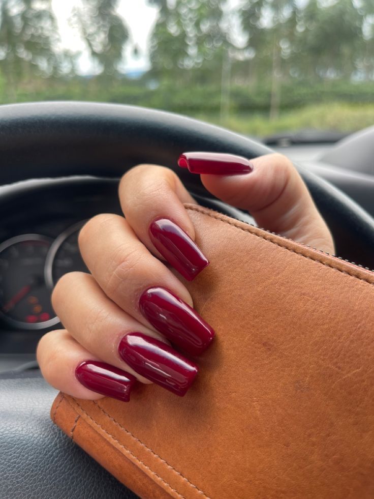 Deep Red Square Nails, Square Dark Red Nails, Red Nails Brown Skin, Dark Red Square Nails, Hot Red Nails, Dark Red Nails, Lipstick Nails, Sassy Nails, Soft Nails