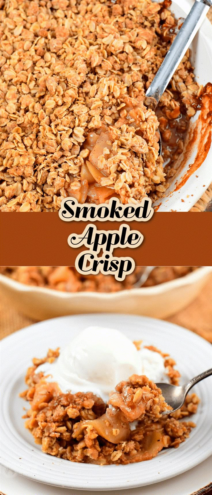 an apple crisp is served in a bowl with ice cream on top and the words smoked apple crisp above it