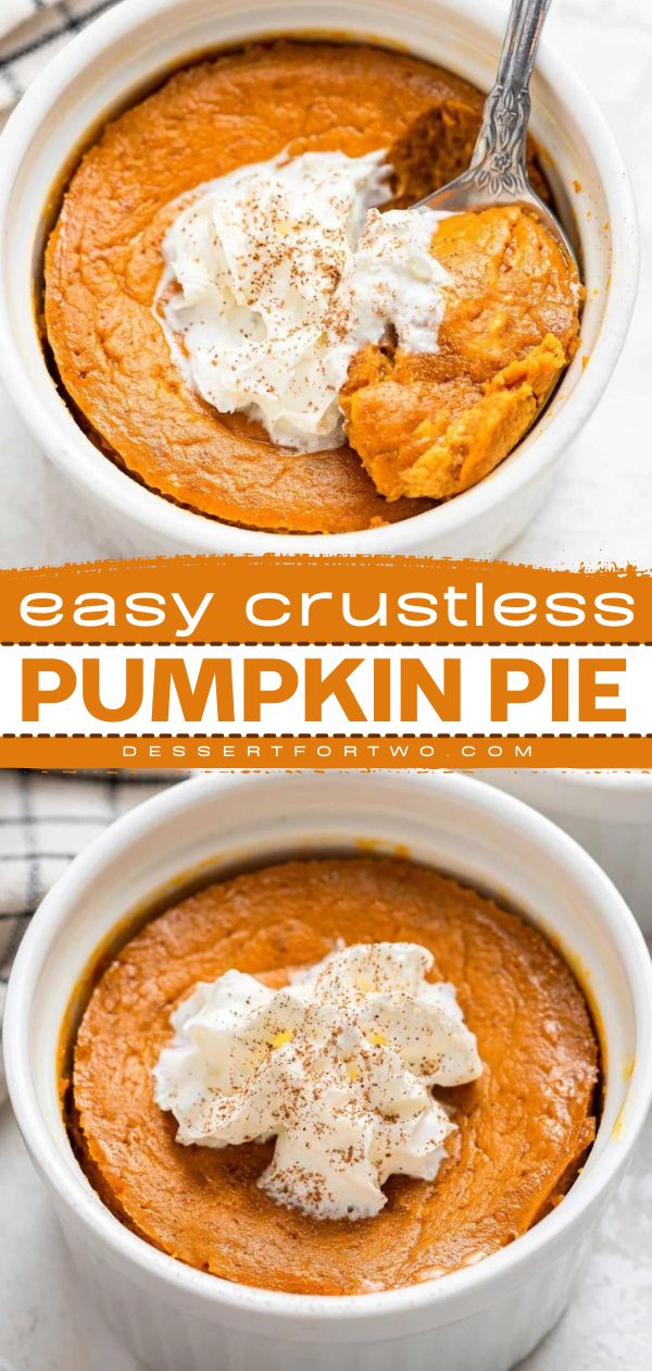 Everyone will love this pumpkin pie recipe listed on your easy Thanksgiving sweet treats! This crustless pumpkin pie is so easy to make and tastes exactly the same without the crust! One of the best pumpkin foo ideas ever! Dessert Recipes In Ramekins, Pumpkin Mug Pie, What To Bake In Ramekins, Pumpkin Pie For 2, Pumpkin Pie Spice Recipe Small Batch, Desserts For Ramekins, Pumpkin Dessert For One, Pumpkin Pie Crustless Recipe, Pumpkin Ramekin Dessert