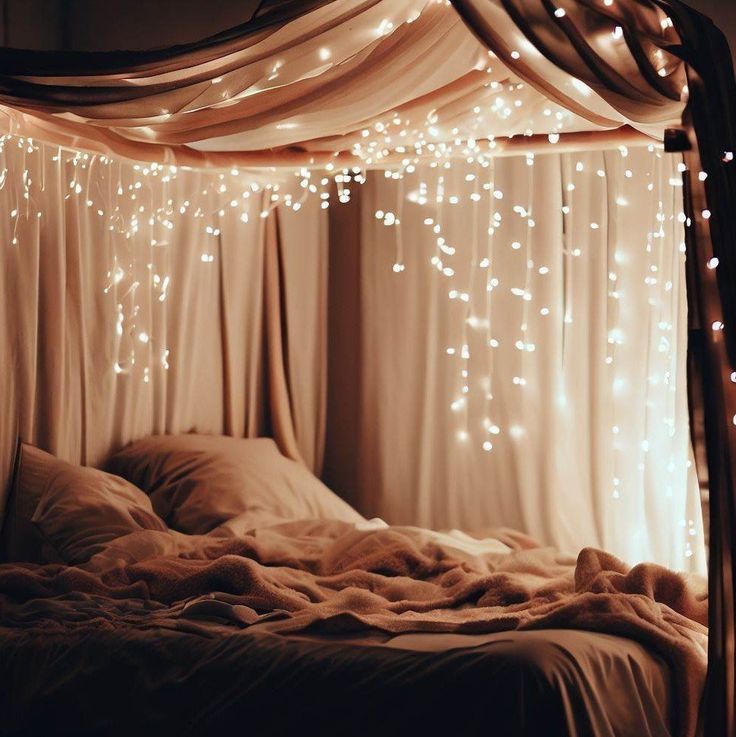 A whimsical bedroom with a canopy bed and fairy lights draped over it. Whimsical Dorm Room, Fairy Grunge Bedroom, Grunge Bedroom Ideas, Bed Canopy With Lights, Grunge Decor, Condominium Interior Design, Virtual Room Designer, Grunge Bedroom, Grey Wall Color