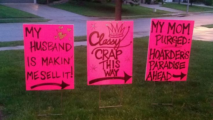 three pink signs that say my husband is crapin'and my mom is selling me sell it