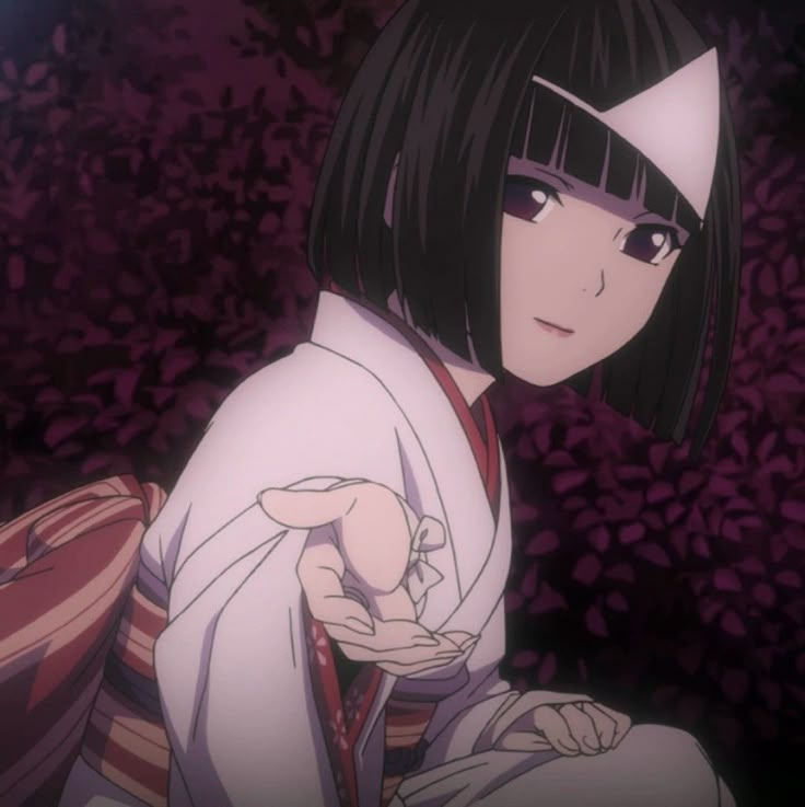 an anime character with black hair and bangs, wearing a white kimono in front of purple foliage