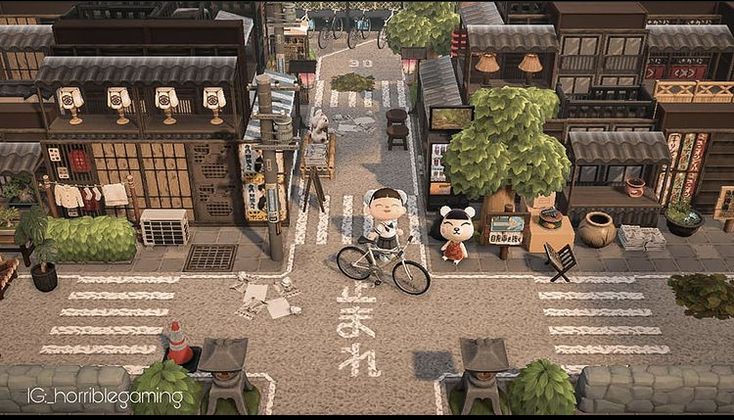 an animated image of a man riding a bike down a street in front of buildings