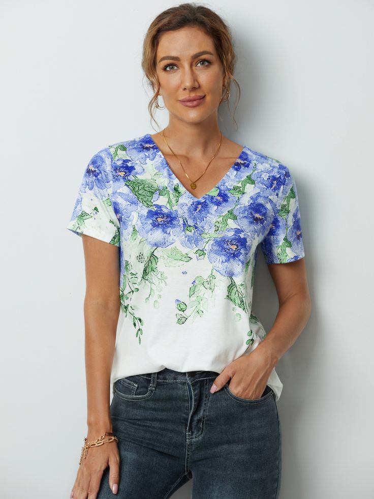 Casual Flower Printed V Neck Short Sleeve T-Shirt Spring Floral Print Short Sleeve Crew Neck Top, Blue Short Sleeve Tops With Plant Print, Blue Short Sleeve Top With Plant Print, Blue Plant Print Top For Summer, Blue Plant Print Summer Top, Relaxed Fit Floral Print V-neck T-shirt, Relaxed Fit V-neck T-shirt With Floral Print, Floral Print Short Sleeve T-shirt For Spring, Floral Print V-neck T-shirt With Relaxed Fit