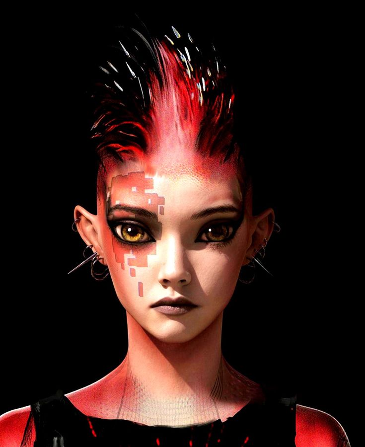 a digital painting of a woman with red hair and piercings on her head, looking at the camera