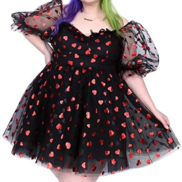 Eat Your Heart Out! This Is A Super Limited Valentine’s Day Design From Foxblood. This Party Dress Can Be Worn Or Off The Shoulders, And Features A Lace Up Back Detail For The Perfect Fit. Draw Everyone’s Eyes In This Show Stopping Dress! A Black Tulle With Metallic Red Heart Print Over A Soft Solid Black Fabric. Small Back Zipper With Hook And Eye Closure Below The Corset Back For Easy On And Off. Heart Party, Eat Your Heart Out, Black Tulle, Heart Dress, 70 Dress, Queen Of Hearts, Heart Print, Solid Black, Black Fabric