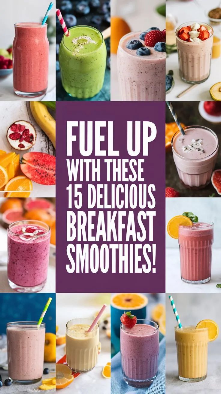 a collage of different smoothies with the words fuel up with these 15 delicious breakfast smoothies