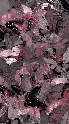 many pink and black butterflies flying in the air