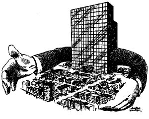 a black and white drawing of a hand reaching for a building that is surrounded by smaller buildings