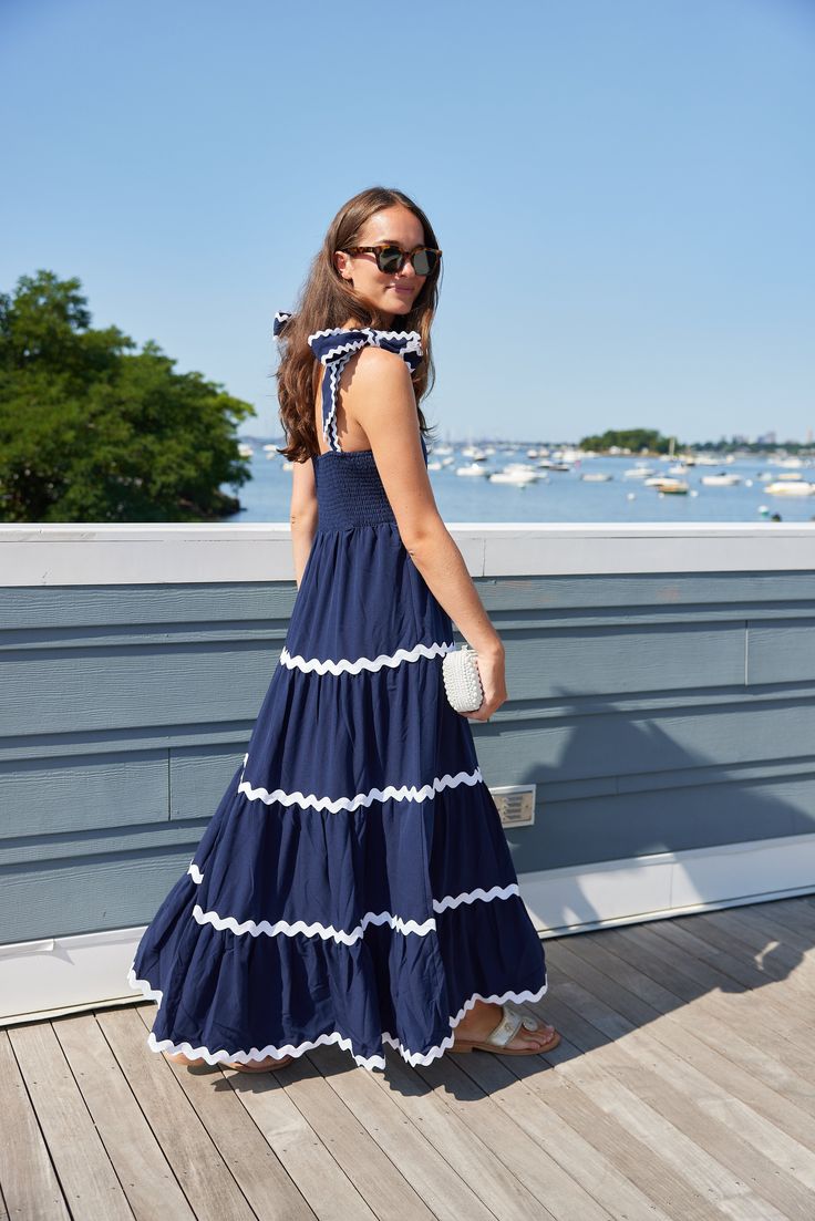 Navy Megan Maxi Dress with Ric-Rac Vacation Outfit, Ric Rac, Summer Styles, Capsule Collection, Vacation Outfits, Classic Collection, Popular Style, Summer 2024, Striped Dress