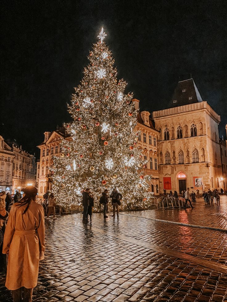 a large christmas tree is lit up in the middle of an old town square at night