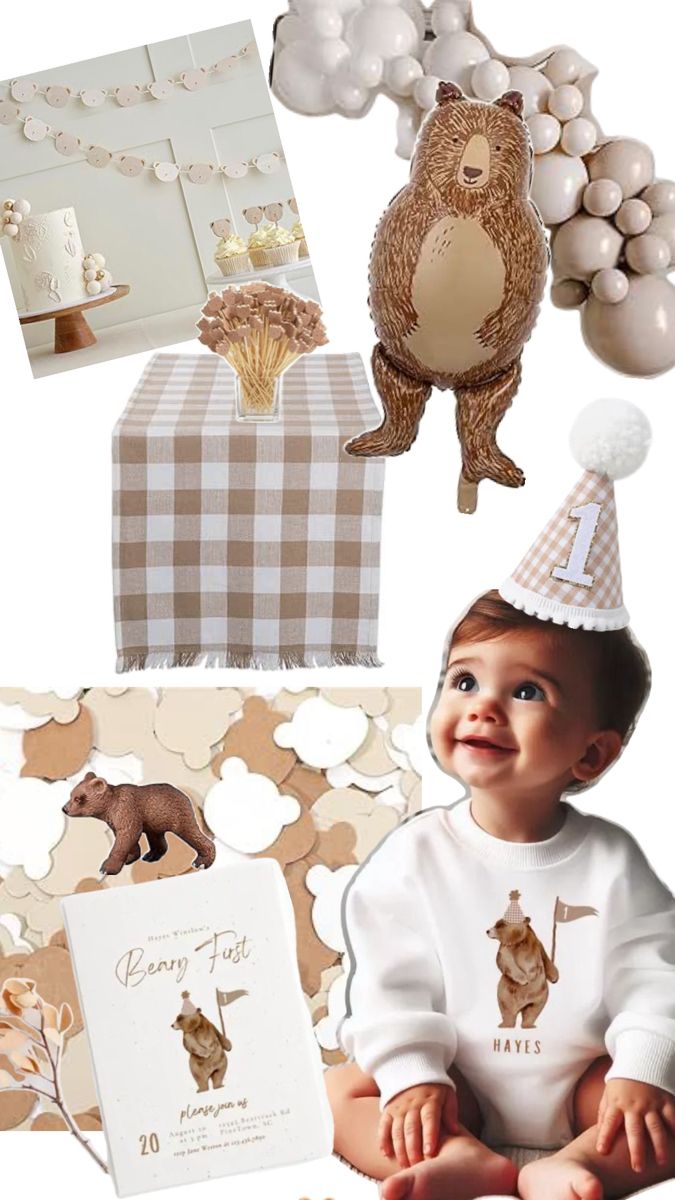 a baby is wearing a bear hat and sitting next to balloons, cards, and other items