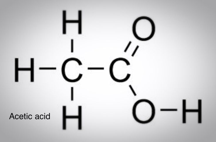 the structure of an acetic acid is shown in black and white, on a gray background