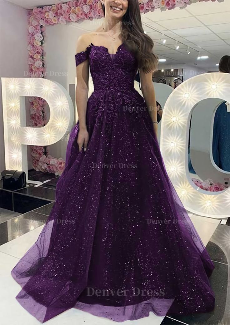 A Line Off The Shoulder Regular Straps Long Floor Length Tulle Prom Dress With Appliqued Glitter Purple Off-shoulder Prom Dress, Purple Off-shoulder Prom Evening Dress, Purple Off-shoulder Evening Dress, Purple Off-shoulder Evening Dress For Gala, Purple Off-shoulder Gown For Party, Glitter Outfit, Navy Prom Dresses, Sweep Train Prom Dress, Dark Red Dresses