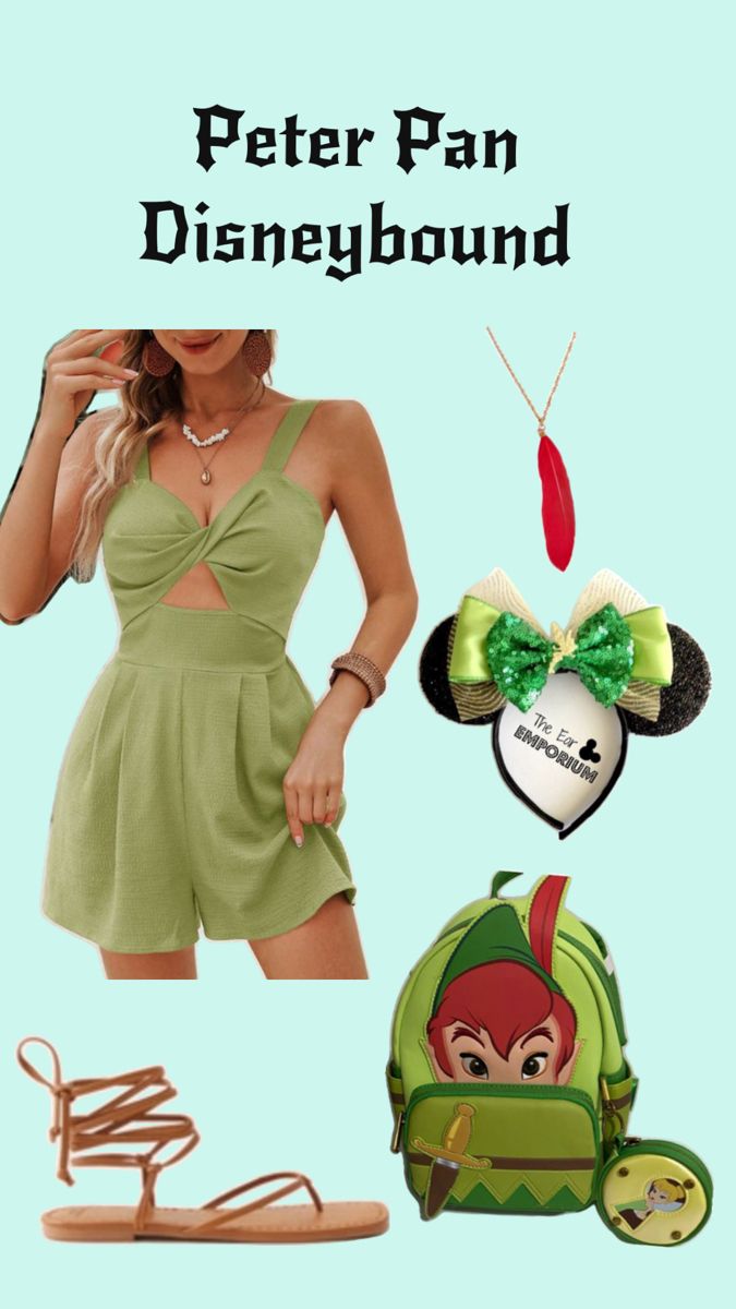 there is a woman that is dressed up as peter pan and the mouse ears are attached to her backpack