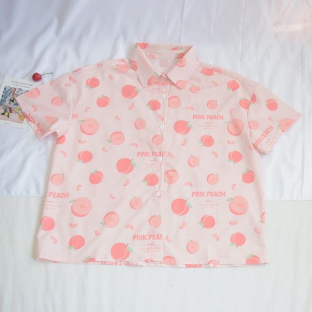 Kawaii Pink Peach Print Blouse Pastel Shirt, Peach Print, Estilo Harajuku, Peach Aesthetic, Japanese Shirt, Peach Blouse, Blouse Material, Sweet Lolita, Mori Girl