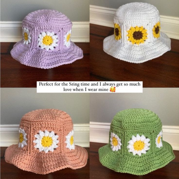 crocheted hats with flowers on them are shown in four different colors and sizes