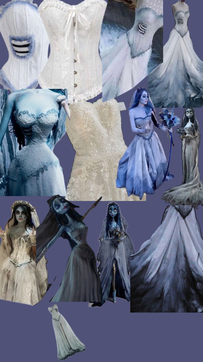 many different dresses are shown in this collage, including white and blue gowns