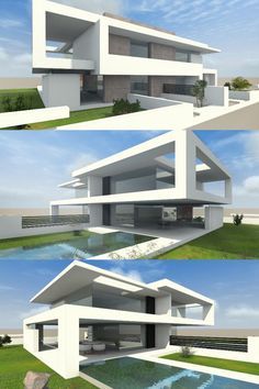 three different views of a modern house from the ground up to the top and bottom