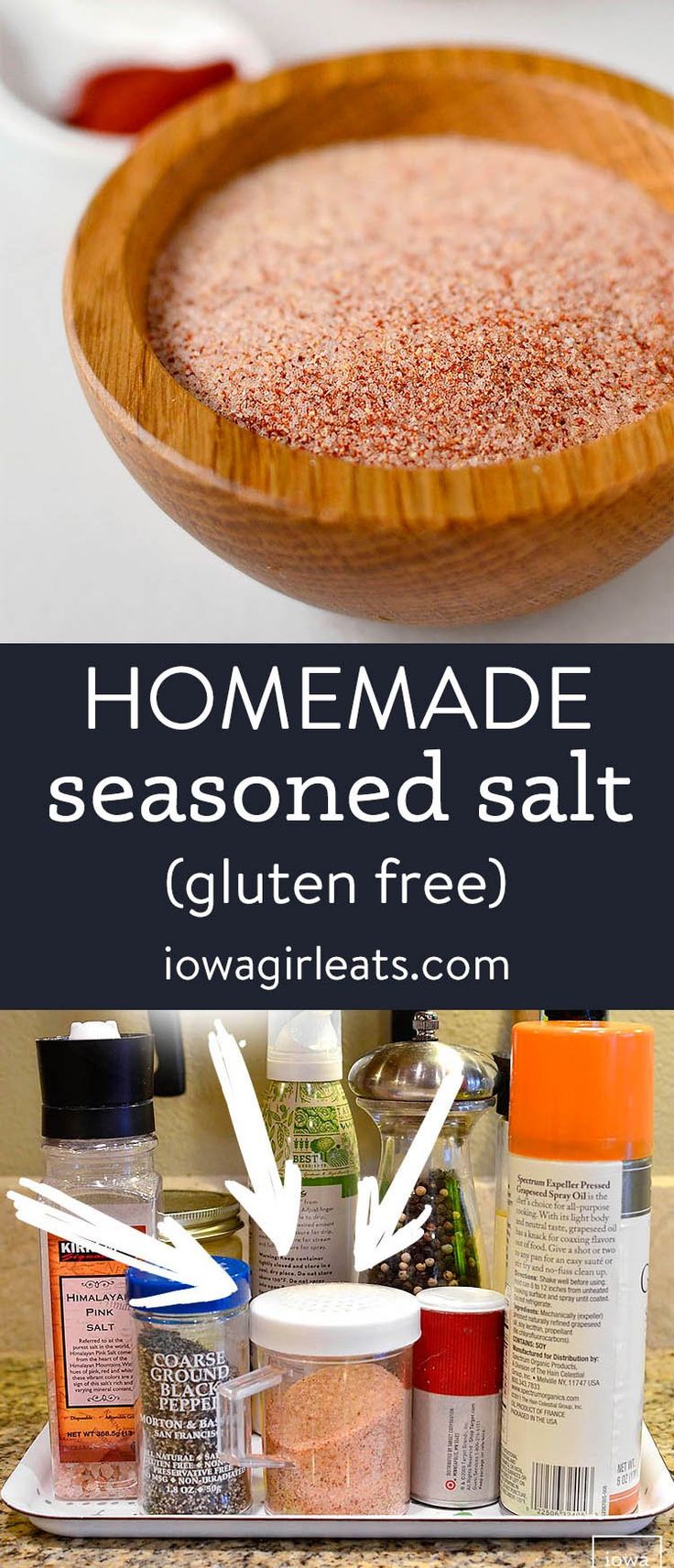 homemade seasoned salt in a wooden bowl on a counter top with text overlay that reads, homemade seasoned salt gluten free