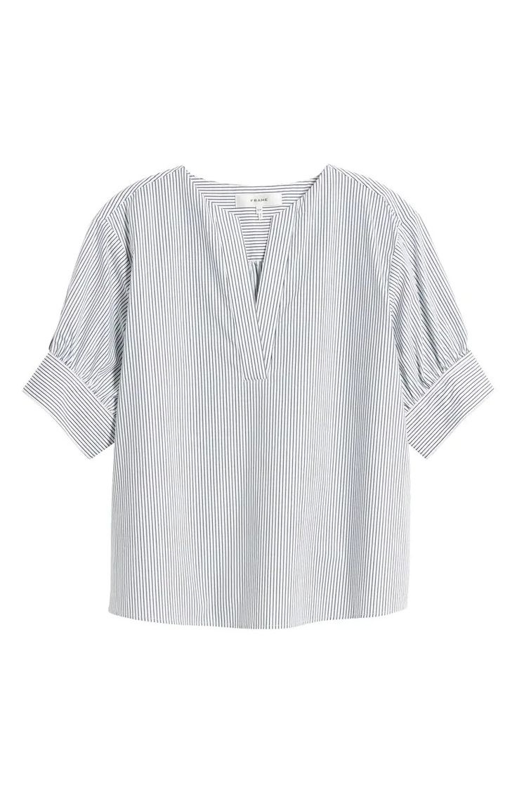 FRAME Stripe Split Neck Organic Cotton Popover Top | Nordstrom Striped Cotton V-neck Blouse, V-neck Tops With Striped Collar For Work, V-neck Workwear Tops With Striped Collar, Striped V-neck Blouse For Daywear, Striped V-neck Blouse For Work, Striped Relaxed Fit V-neck Blouse, Striped V-neck Relaxed Fit Blouse, Striped V-neck Blouse With Relaxed Fit, Chic Cotton Blouse With Striped Collar