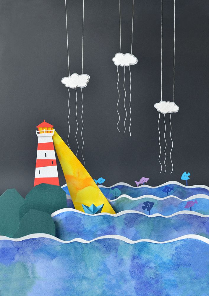 a paper boat floating in the ocean next to a lighthouse with clouds hanging from it