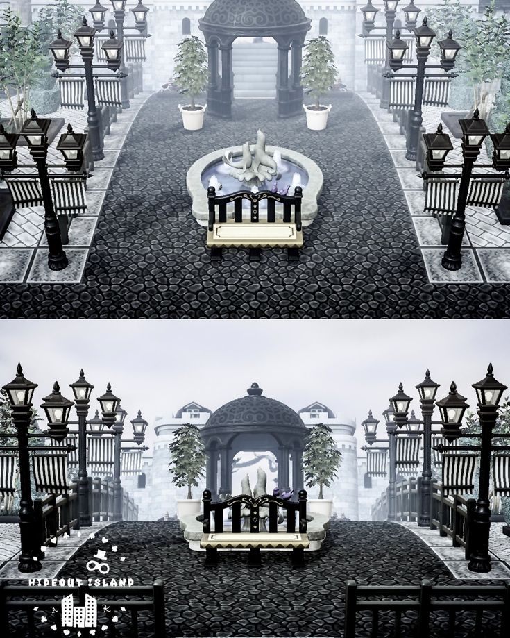 two different views of a park bench in front of a gate and lampposts