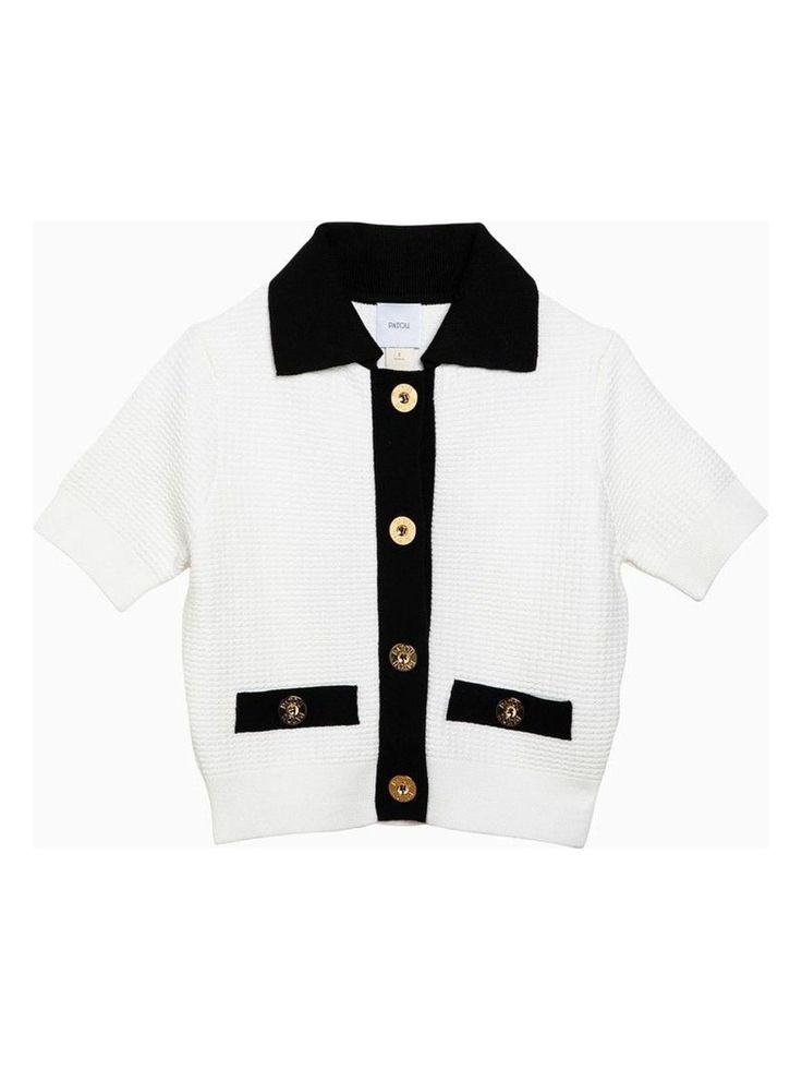 Here's your new favorite go-to for a touch of elegance and comfort—perfect for those breezy days when style still matters. The golden buttons add just the right amount of flair to your outfit without trying too hard. Trust us, once you slip this on, you'll wonder how you ever went without it. Shirt collar for a classic look Short sleeves for easy layering Logo-printed gold buttons for a touch of luxury Two functional front pockets with gold button accents Ribbed edges for a snug fit | Patou Wome White Cotton Cardigan, Blue Tweed Jacket, Oversized Grey Sweater, Adidas Floral, Faux Fur Sweater, Fur Sweater, Look Short, Open Knit Cardigan, Embroidered Sweater