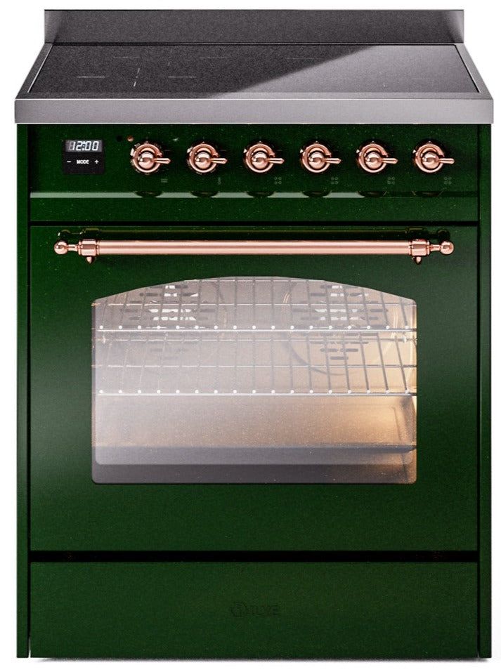 a green stove top oven with two burners and one door open to show the inside