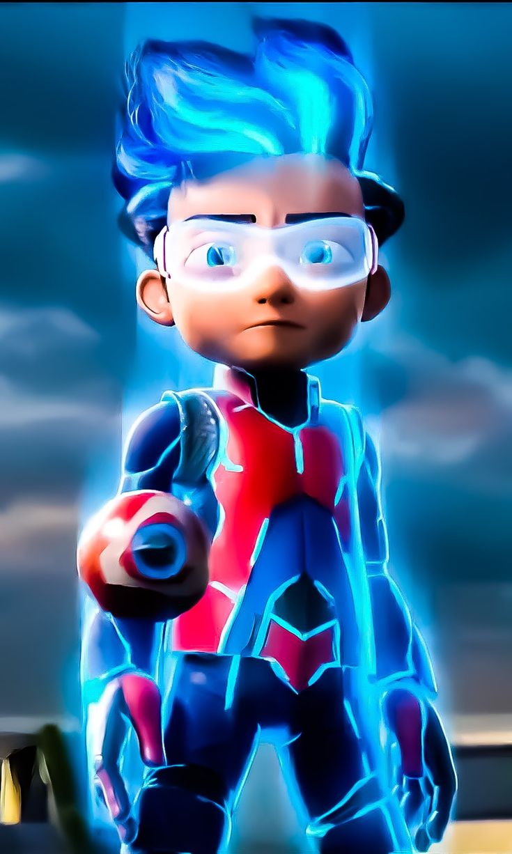 a cartoon character with blue hair and glasses holding a baseball bat in his hand while standing under a cloudy sky