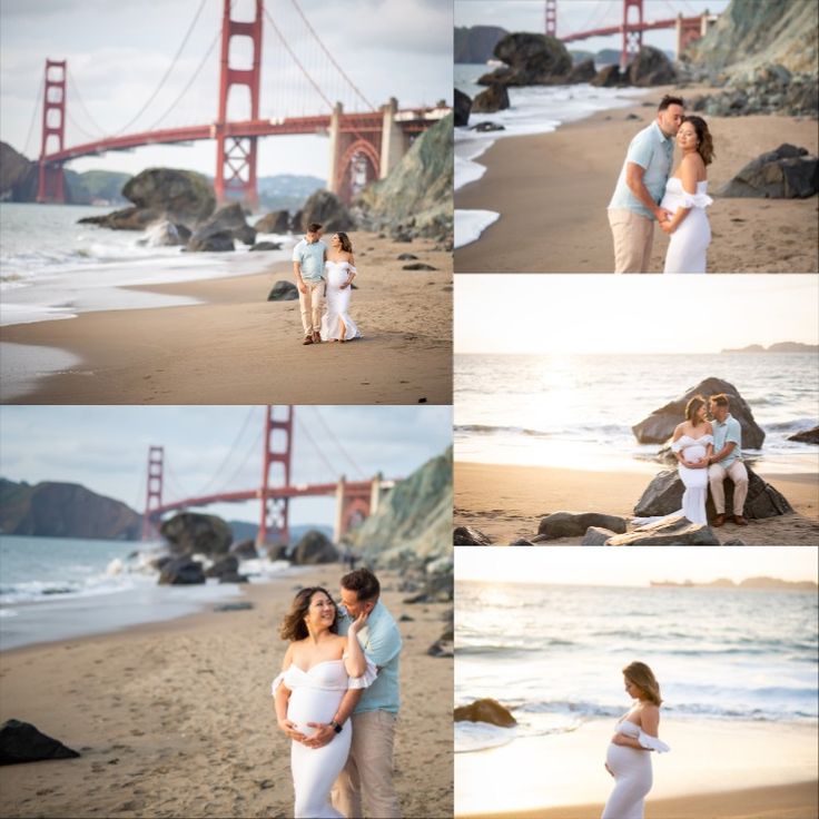 a pregnant couple standing on the beach in front of the golden gate bridge