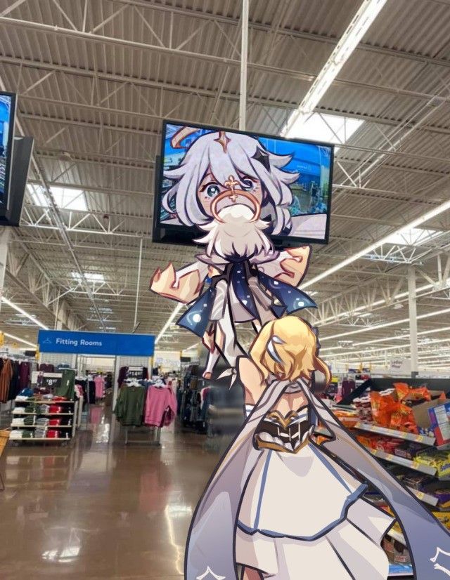 an anime character is standing in the middle of a store aisle with two televisions above her head