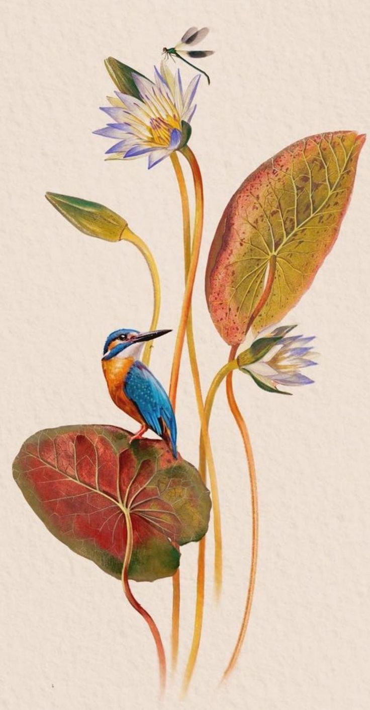 a painting of a bird sitting on top of a leafy plant with flowers in the background