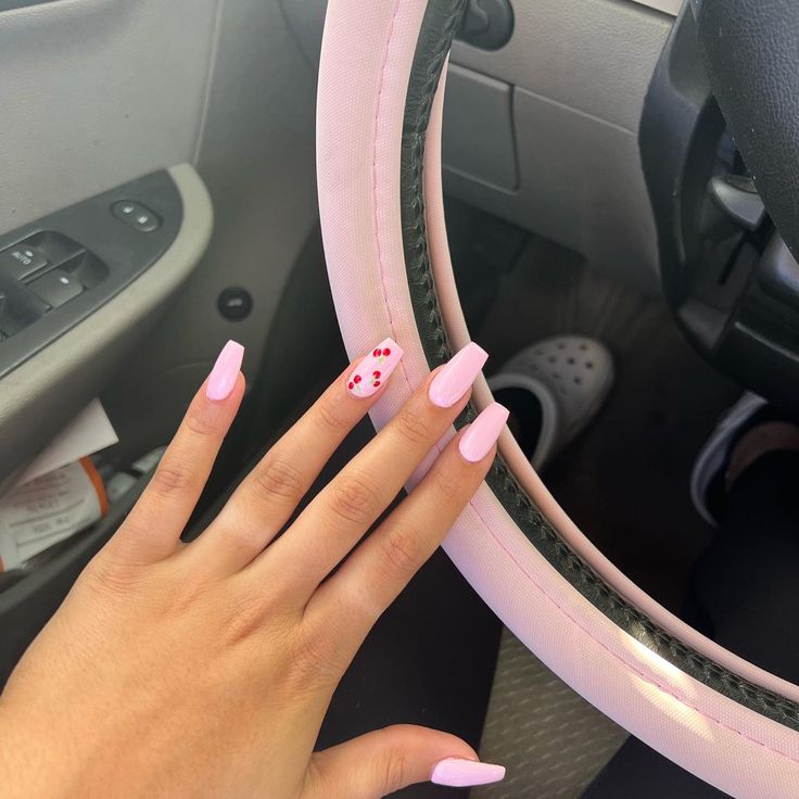 Cherry Coffin Acrylic Nails, Cherry Design Acrylic Nails, Love Heart Cherry Nails, Pink With Cherry Nails, Valentines Day Nails Cherry, Easy Cherry Nails, Cherry Gem Nails, Pink Nails With Cherry, Pink Nails With Cherries