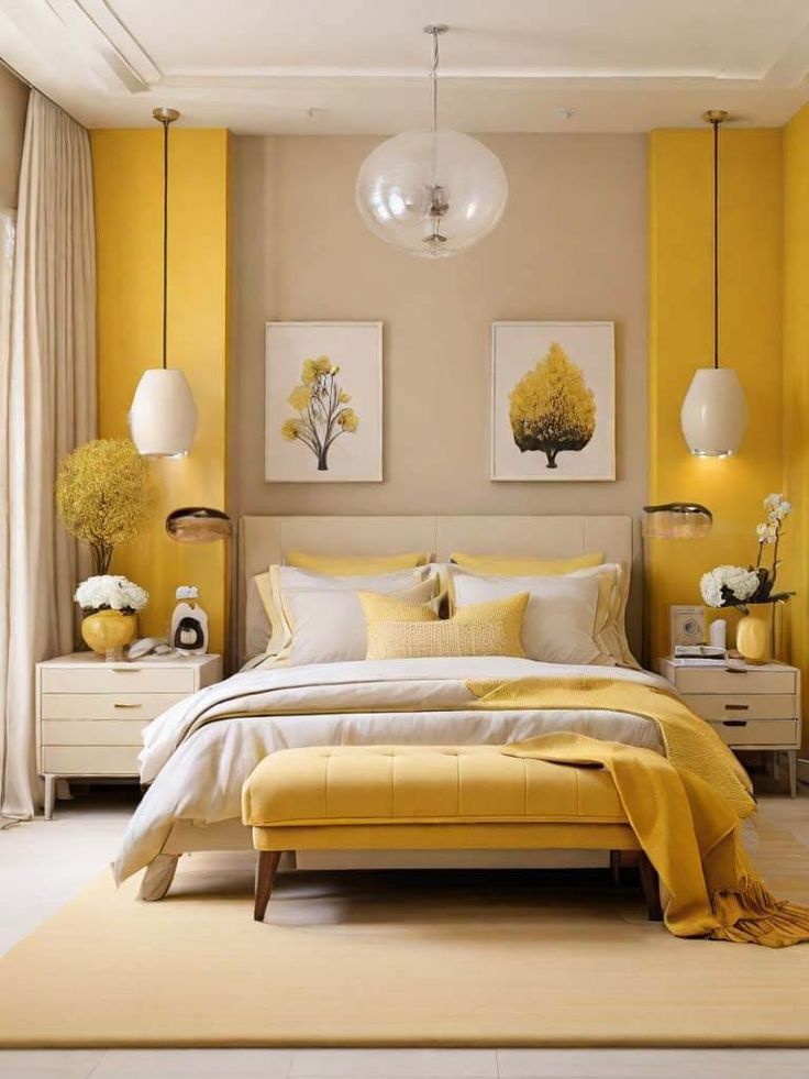 a bedroom with yellow walls and white furniture