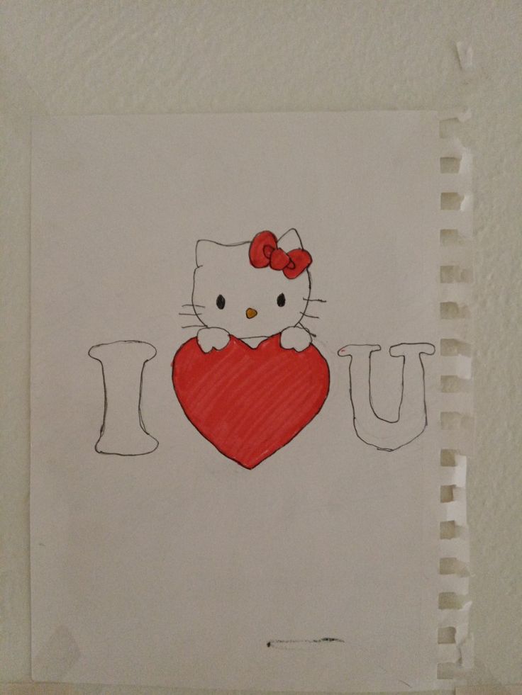 a drawing of a hello kitty holding a red heart with the letter u on it