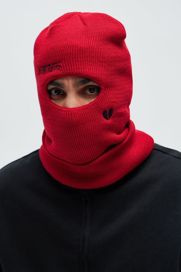 Available In Red. Ribbed Balaclava Embroidery Detail Eye Opening 100% Acrylic Imported | Mens Heartless Balaclava in Red by Fashion Nova Winter Balaclava For Streetwear, Casual Solid Balaclava For Streetwear, Casual Solid Color Balaclava For Streetwear, Casual Streetwear Balaclava, Fitted Casual Balaclava For Fall, Fitted Solid Balaclava For Winter, Solid Casual Fitted Balaclava, Streetwear Mask, Men's Balaclava