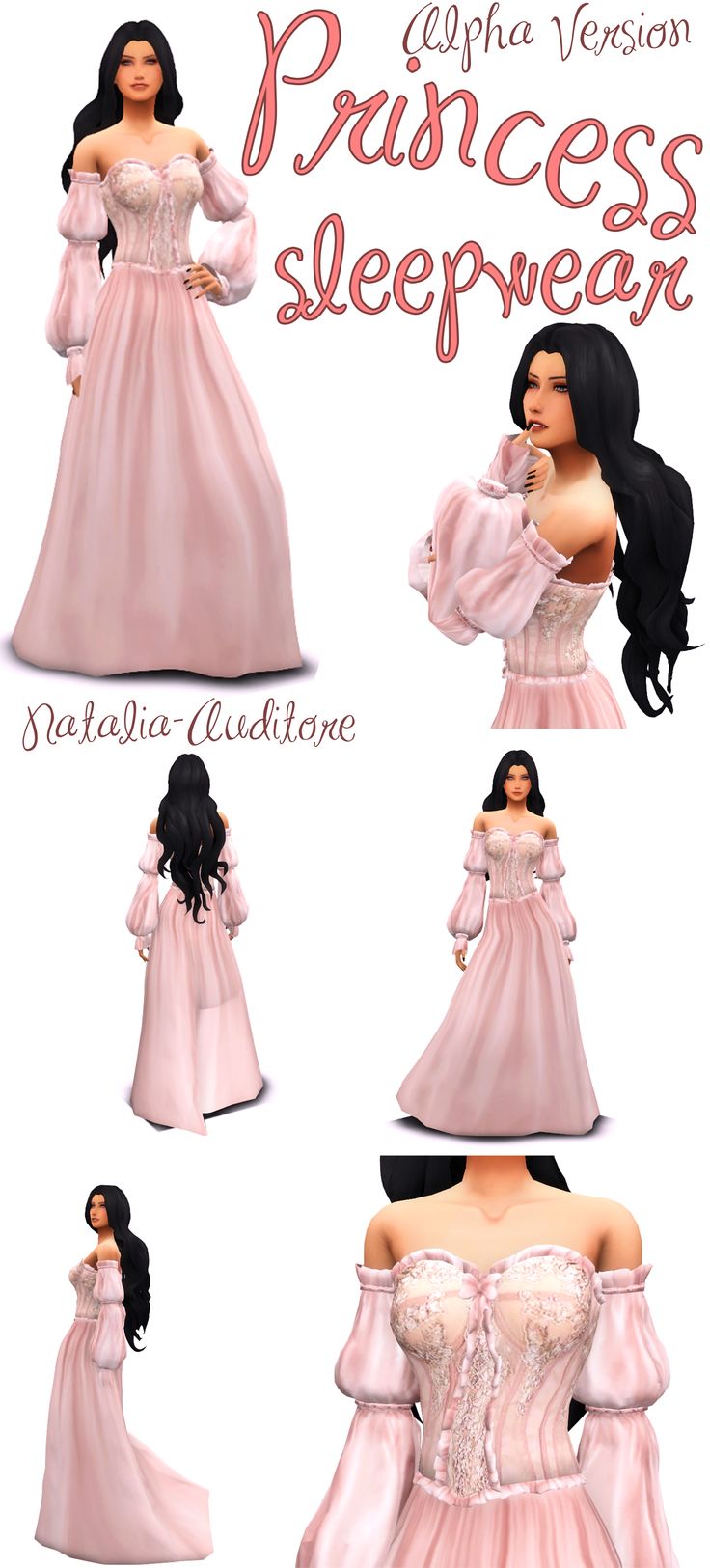 the princess sleepwear is shown in pink and white, as well as her long black hair