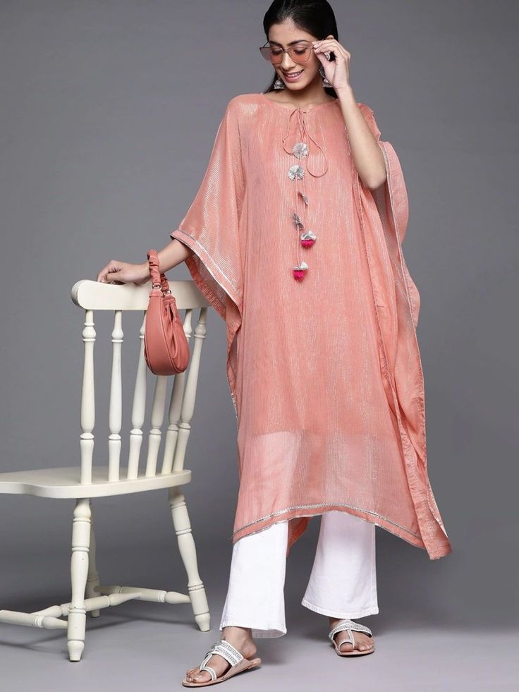 Pink Viscose Georgette Striped Kurta - Inddus.com Bohemian Georgette Kurta For Summer, Summer Bohemian Georgette Kurta, Pink Straight Kurta Kaftan For Festive Occasions, Festive Pink Straight Kurta Kaftan, Pink Tunic Kurta For Festive Occasions, Pink Tunic For Eid, Festive Pink Tunic, Festive Pink Tunic Kurta, Festive Beach Kurta - Straight Style