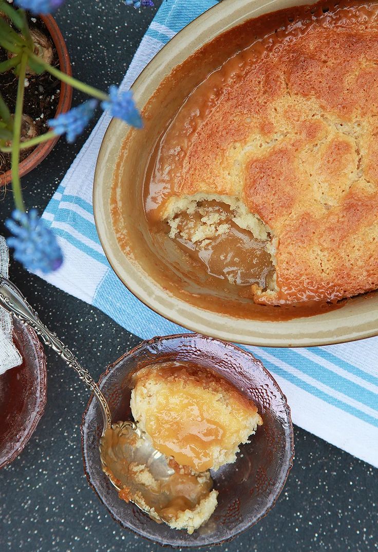 a pie is being served in two bowls