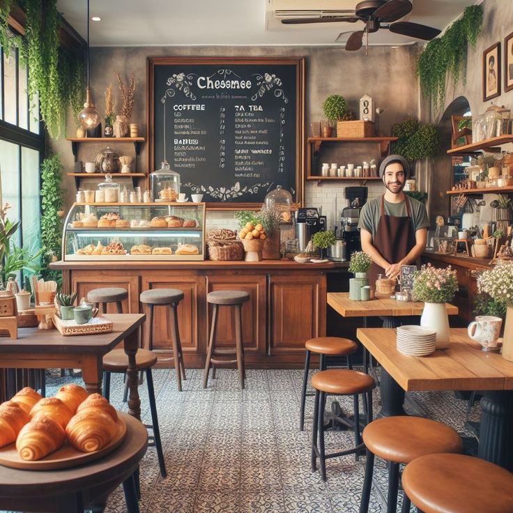 a man standing behind a counter in a coffee shop