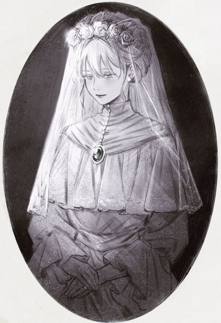 a black and white drawing of a woman in a wedding dress