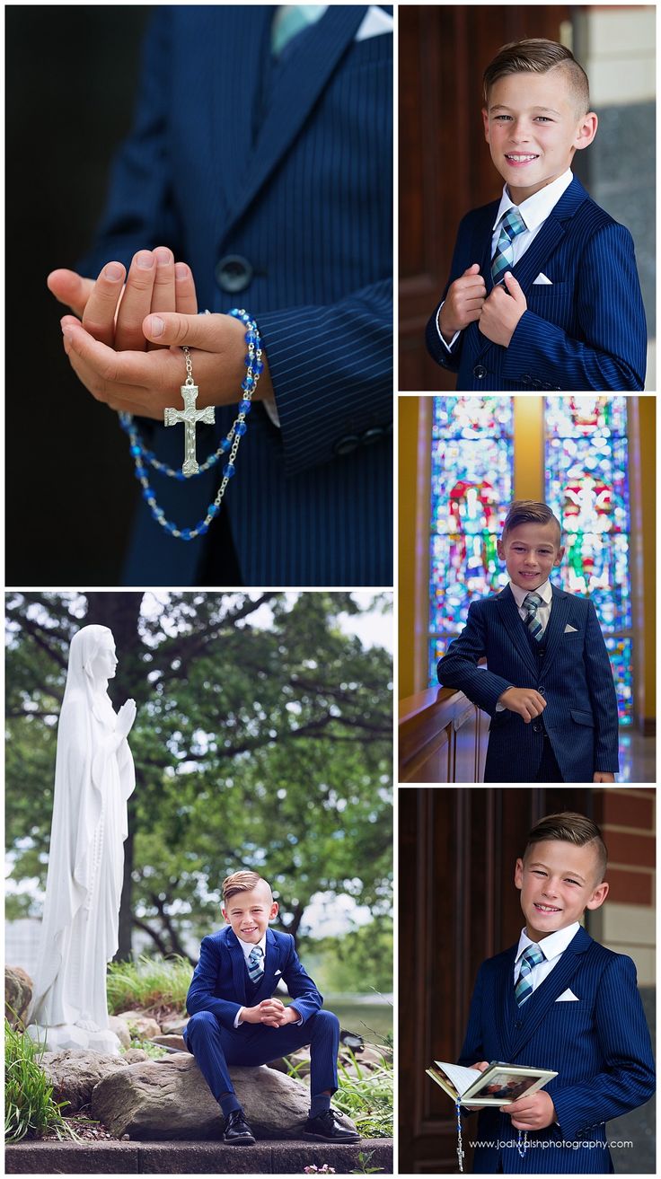 collage of images from a First Holy Communion portrait sessions.  closeup image of a boy's hands holding a rosary.  image of a boy smiling wearing a blue suit. image of a boy sitting at the edge of a garden with a statue of Mary.  image of a boy wearing a blue suit, standing in front of a stained glass window. image of a boy wearing a blue suit, smiling as he holds a book of prayers 1st Communion Photo Ideas, Communion Picture Ideas, Communion Photoshoot Boys, 1st Communion Picture Ideas, Boy Communion Photos, Communion Pictures Ideas Boy, First Communion Party Ideas For Boys, First Holy Communion Photography, First Communion Boy Outfit