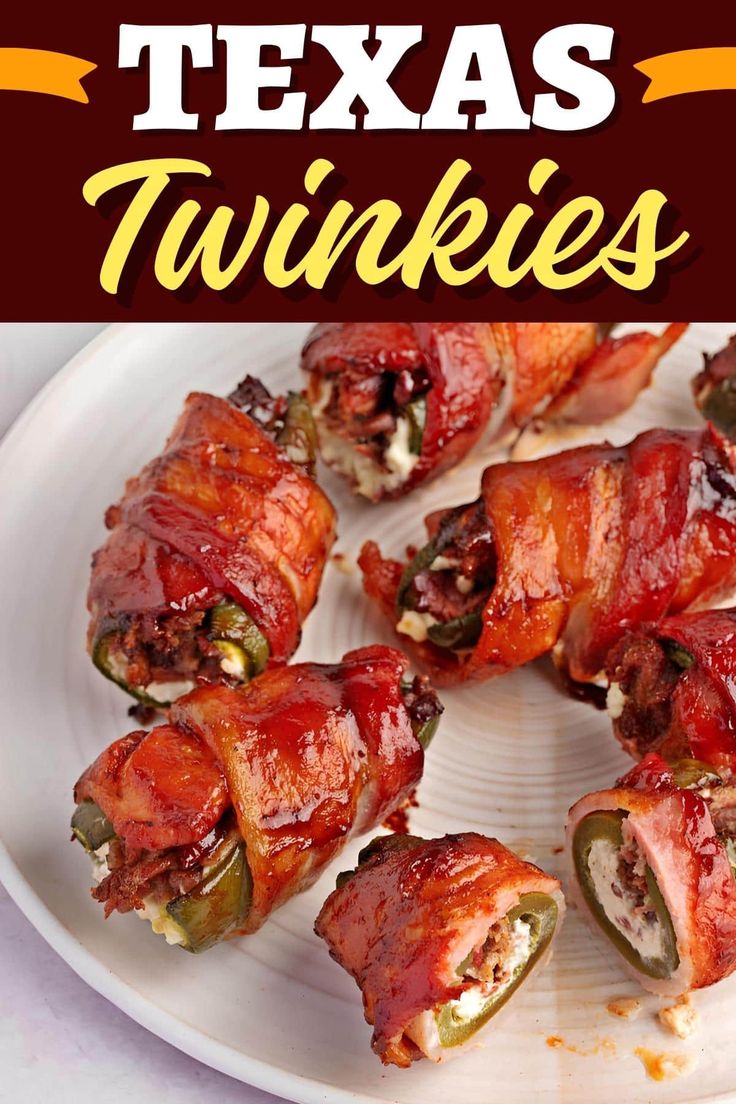 bacon wrapped jalapenos on a white plate with the words texas twinkies