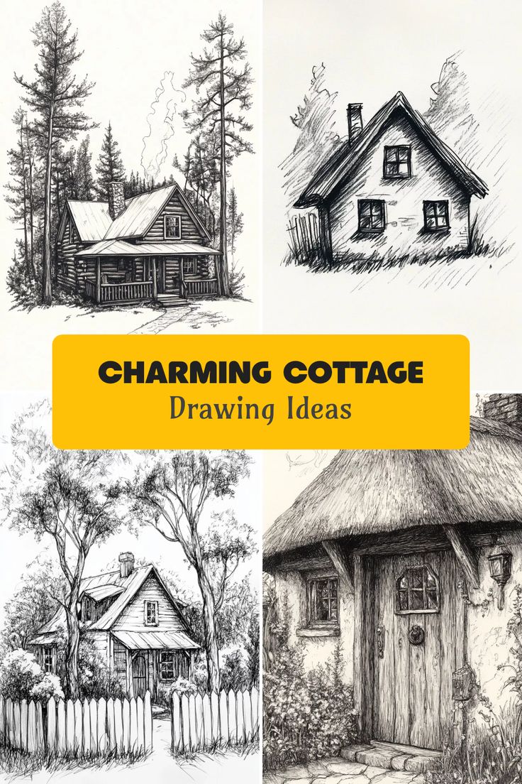 four different drawings of houses and trees with the words charming cottage drawn in pencil on paper