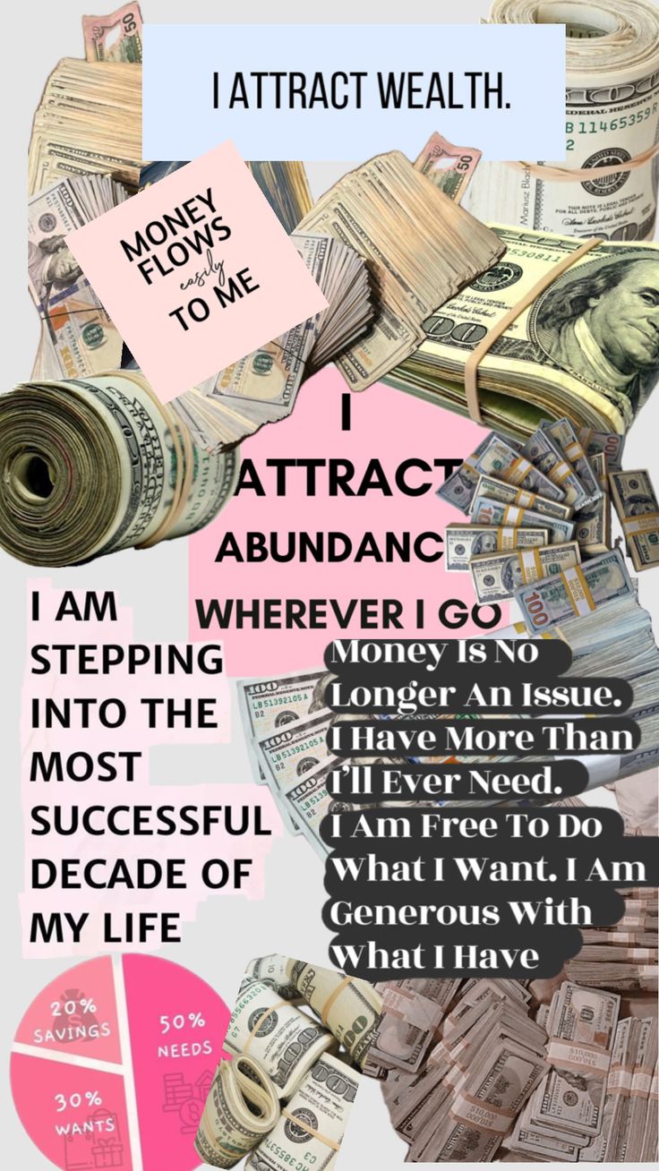 an image of money with words on it that say i attract abundance, and there are many